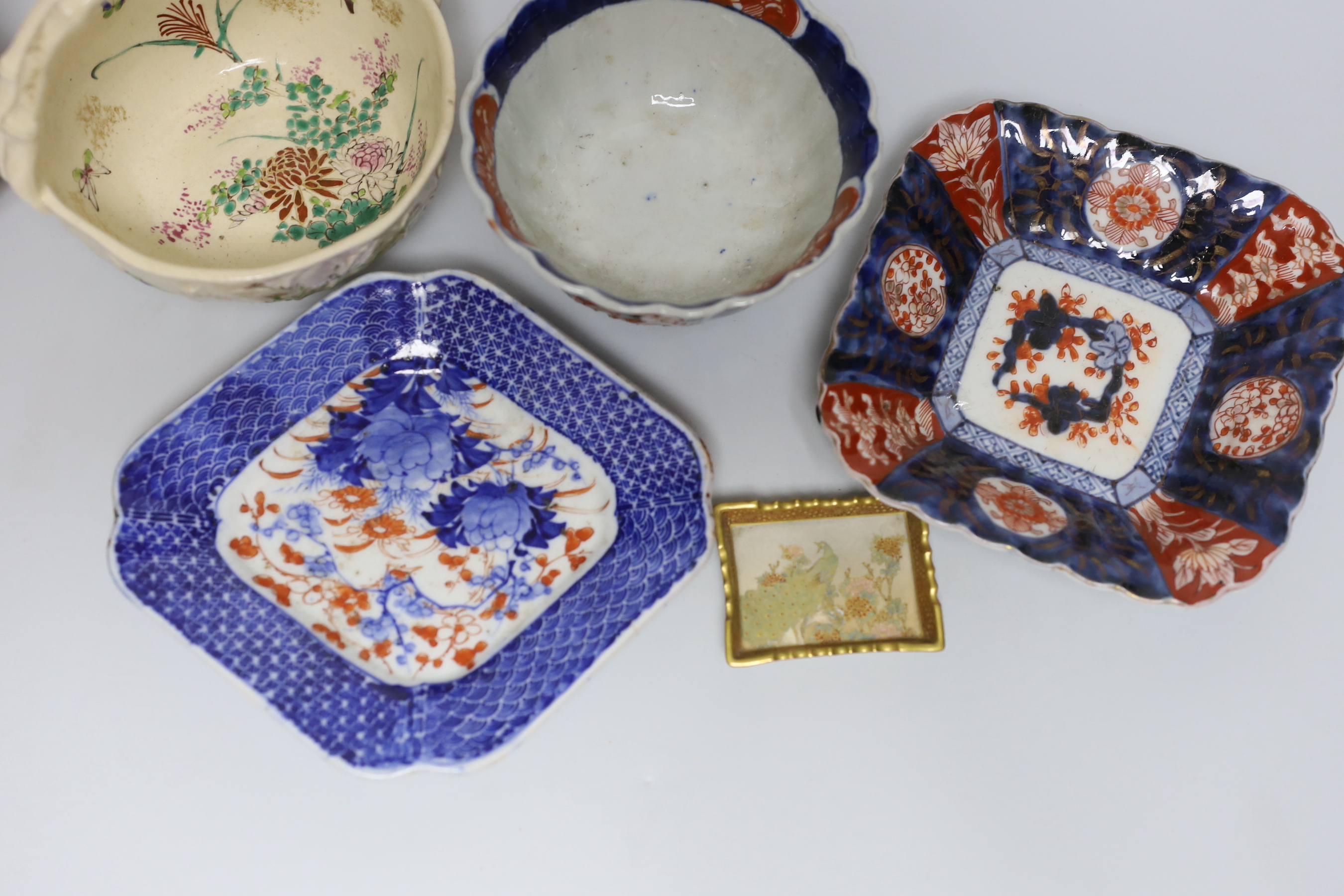 A group of Japanese ceramics including a fine Satsuma pottery miniature rectangular dish, signed, 6.3cm signed, Imari etc